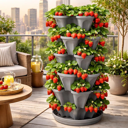 5-Tier Stackable Strawberry Garden – 24 Quart Indoor / Outdoor Stacking Planter with Drip Saucer – Grow Herbs, Strawberries, and Flowers from The Kitchen or Backyard – Plant and Stack! Easy Gardening