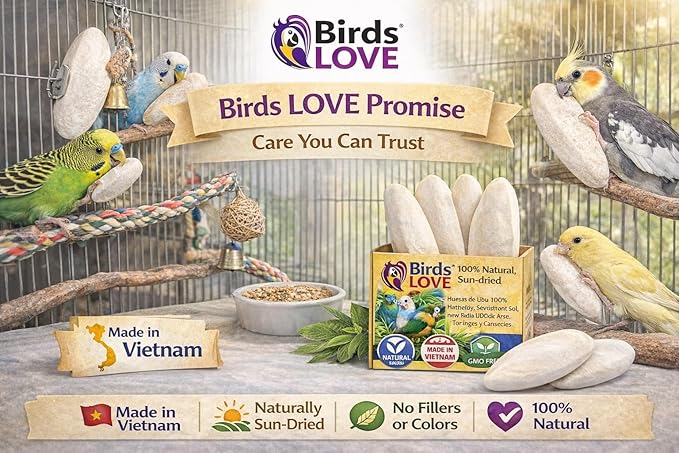 Birds LOVE 5.5-6″ Cuttlebone for Birds – 100% Natural Sun-Dried Calcium & Beak Conditioning Supplement for Parakeets, Budgies, Cockatiels, Finches & Canaries – 3 Pack with Holder – Made in Vietnam