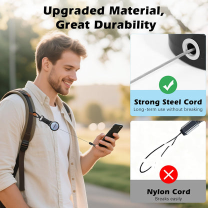 MoKo Anti-theft Phone Tether, Phone Lanyard Retractable Steel Line Cellphone Strap with Locking Carabiner and Metal 360° Tether Tab for Outdoor Skiing Hiking Climbing Fishing, Black&Silver