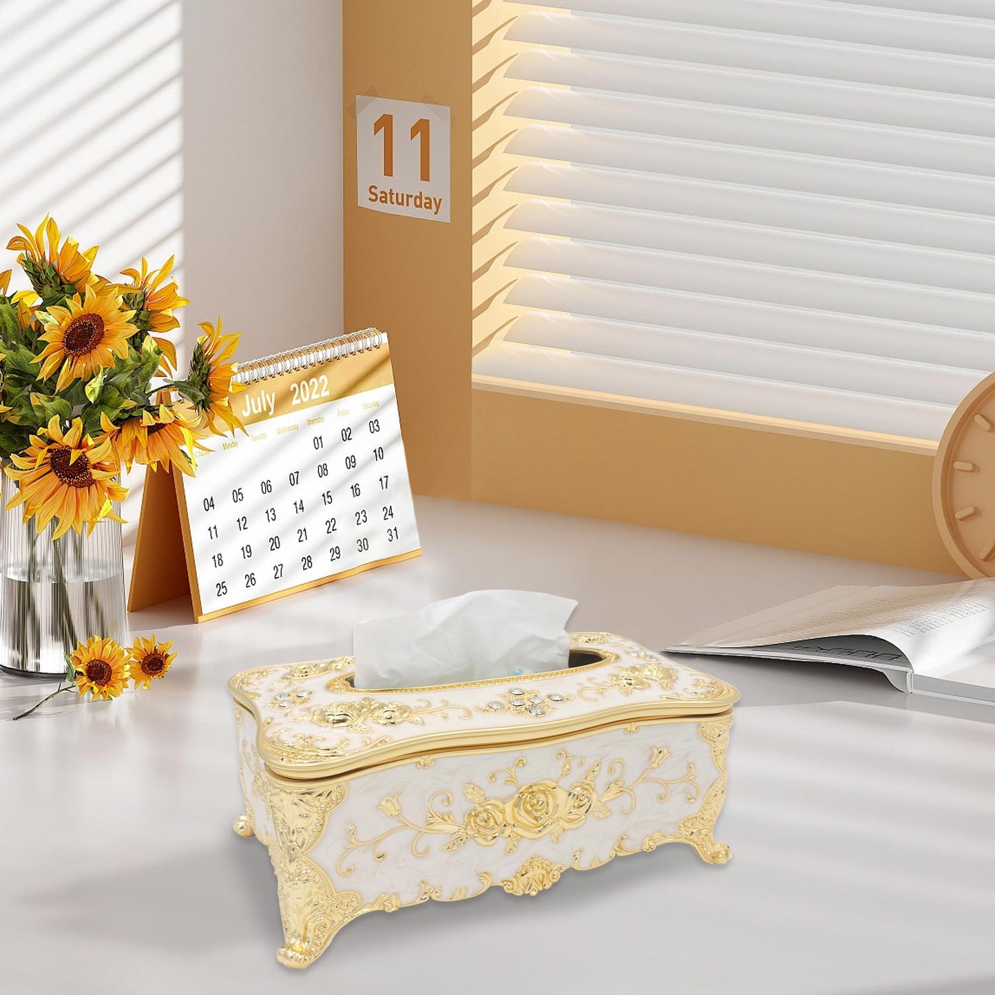 Geesatis Tissue Box Cover Tissue Box Holder Facial Tissue Paper Organizer Luxury Facial Napkin Holder for Home, Gold, 1 Pcs