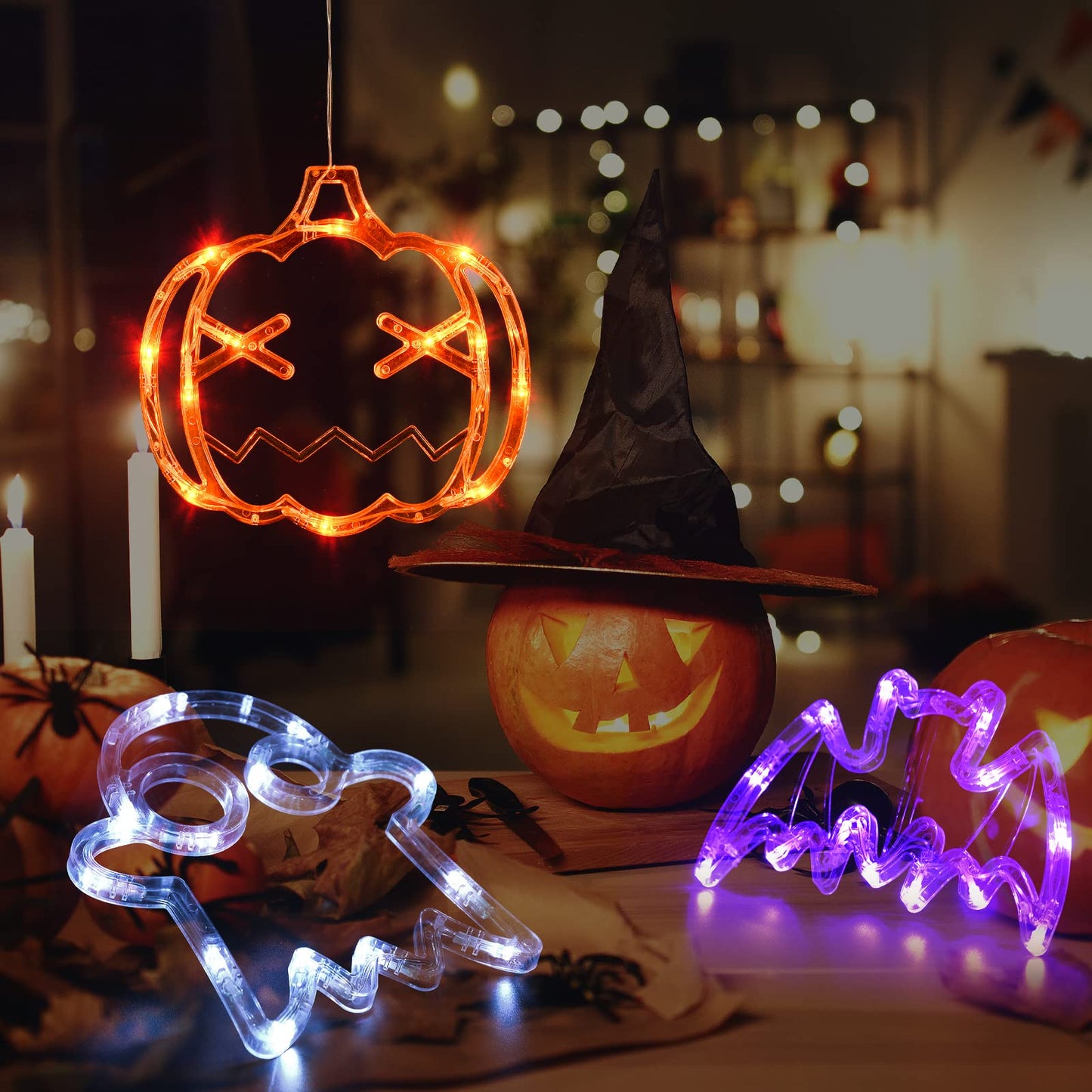 LOLStar Halloween LED Lights Decorations 2025 Orange Pumpkin White Ghost Purple Bat Window Display with Suction Cups, Battery Operated Window Decor Slow Fade Mode and Timer 3-Pack
