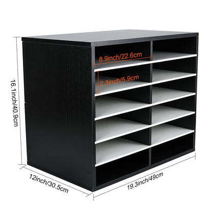 EasyPAG 12 Compartments Wooden Literature Organizer with Adjustable Shelves, 6000 Sheets Capacity Paper Organizer, Classroom Mailbox and Mail Sorter for Teachers and Office, Black/White