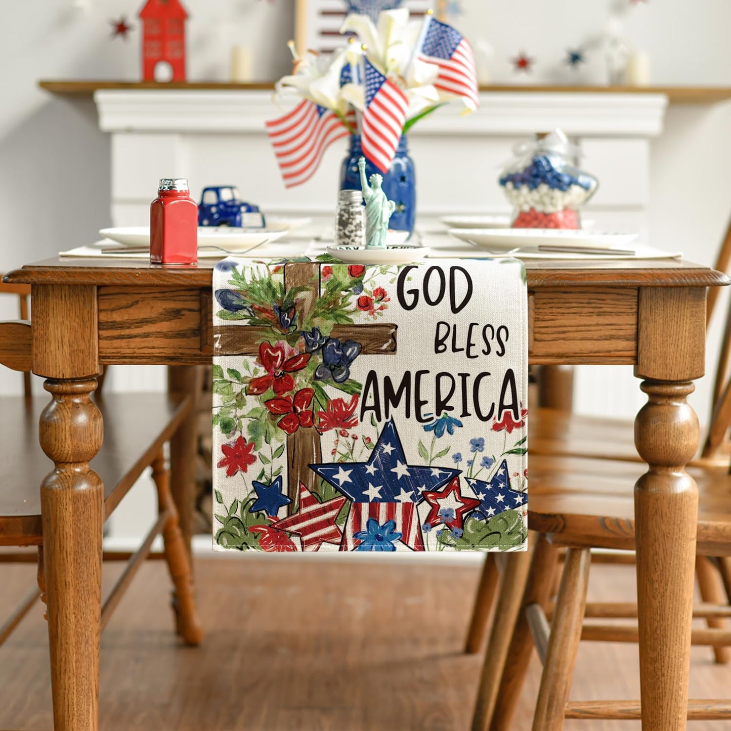 Artoid Mode Cross Star Floral Patriotic 4th of July Table Runner, Memorial Day Kitchen Dining Table Decoration for Home Party Decor 13x120 Inch