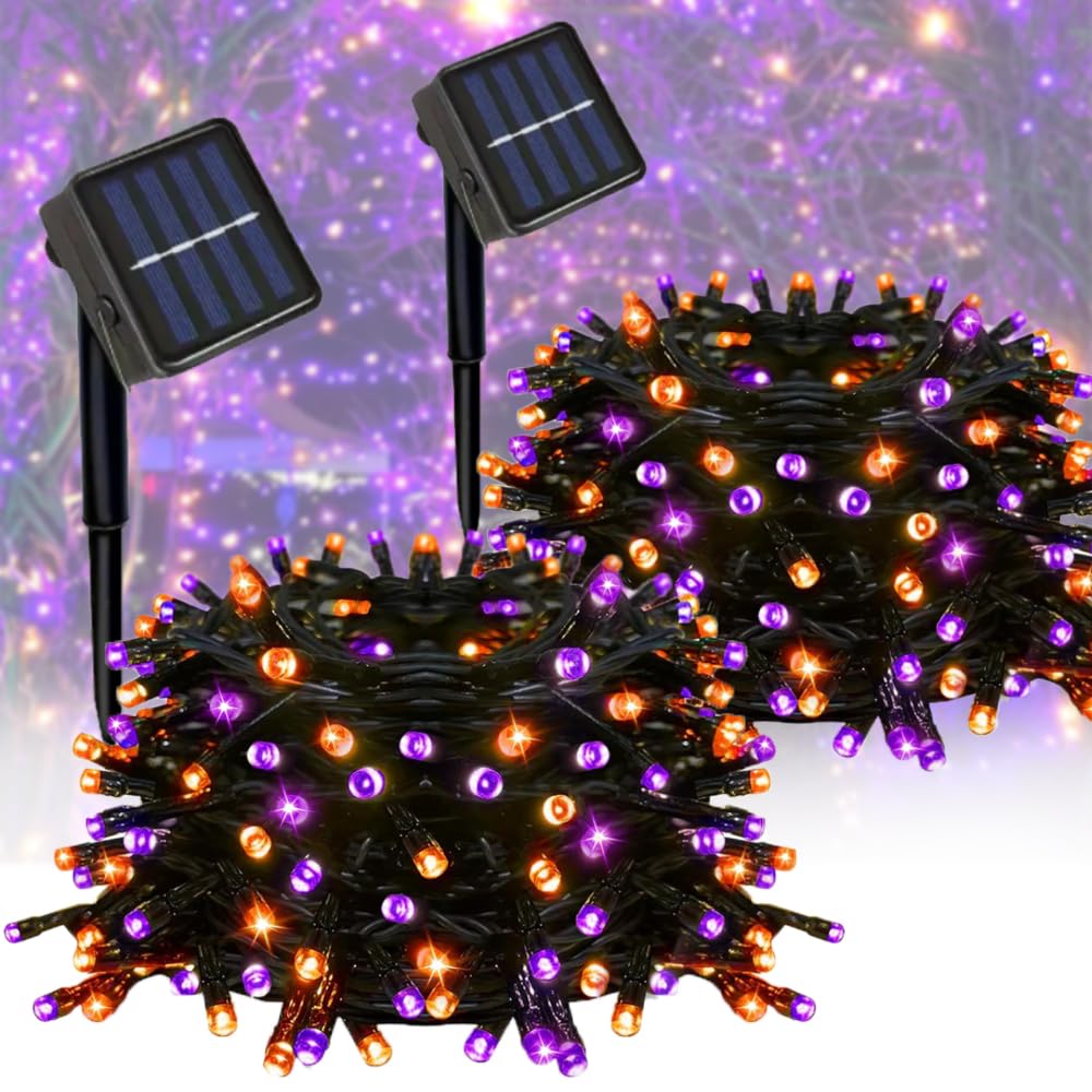 Taoushuleng 2 Pack Solar Purple&Orange String Lights Outdoor, Total 200 LED Each 40Ft with 8 Lighting Modes for Yard, Fence,Balcony, Party,Halloween Decorations (Purple&Orange)