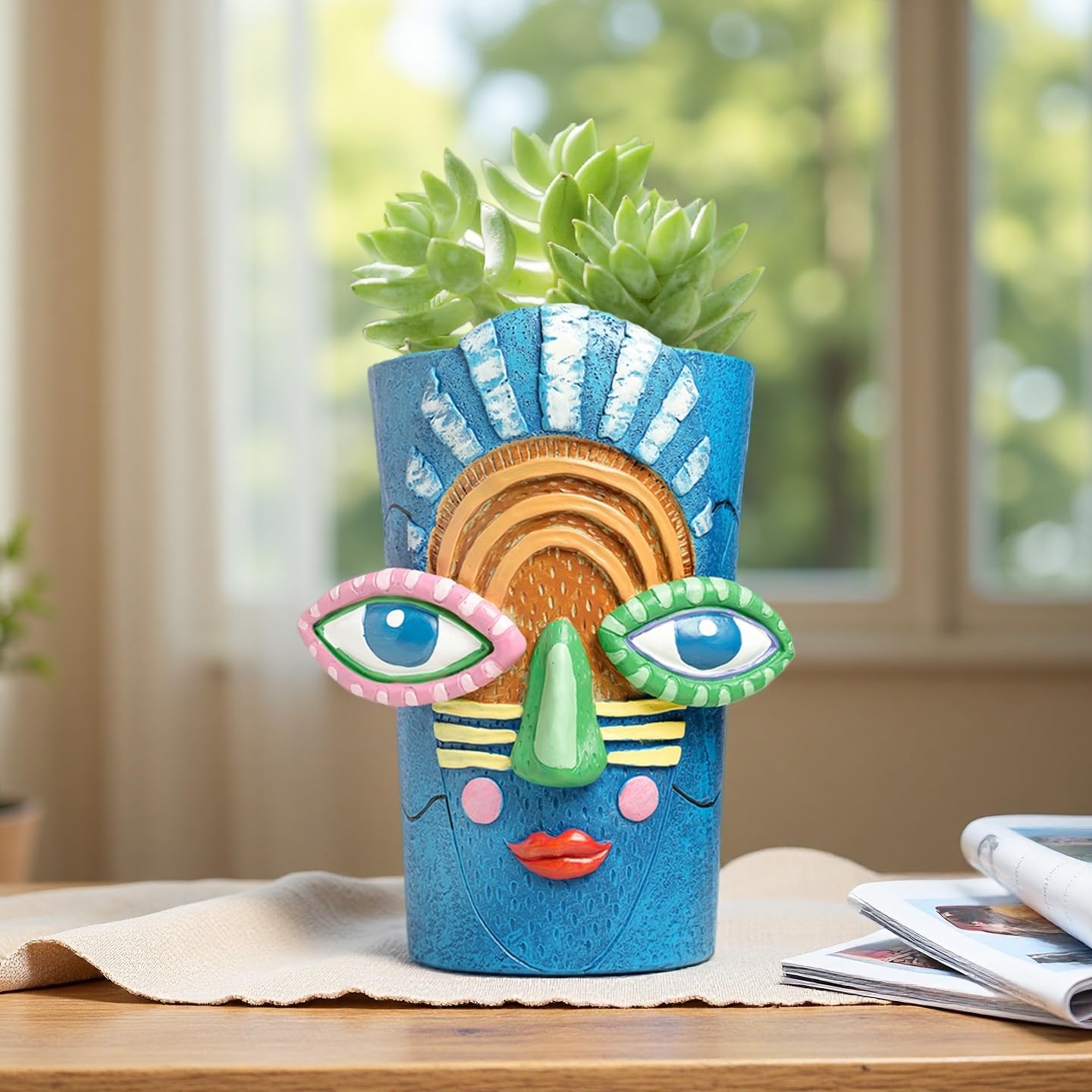 Yhupl Picasso Abstract Face Flower Pot,Plant Pot with Facial Expressions,Handmade Resin Plant Pot with Drainage Holes,for Indoor and Outdoor Botanical Home décor (Blue Large)
