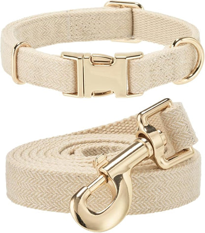 Soft Dog Collar and Leash Set Adjustable Woven Tweed Dog Collars with Metal Buckle and Lead for Small Medium Large Dogs,Beige