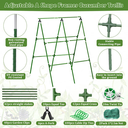 2 Packs Cucumber Trellis for Raised Beds, 31 X 47 Inch Adjustable Size A-Frame Garden Trellis for Climbing Plant Outdoors with Climbing Net and Plant Support Clip for Vegetable Grape Garden Supplies