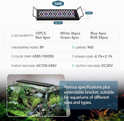 hygger Sun Moon LED Aquarium Light, Full Spectrum Fish Tank Light Day-Night Dual Timer, Adjustable 6 Timer 10 Brightness 8 Colors for Planted Freshwater Tank (16W for 12~18in Long Tank)