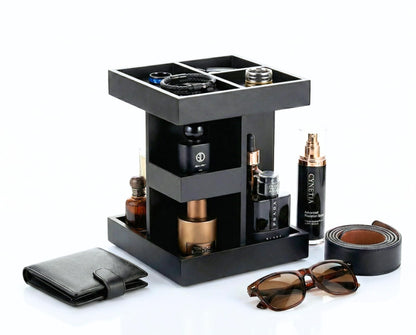 Aurenzo Cologne Organizer for Men, 3 Tier Black Wood Perfume Display Stand with 360° Rotate Base, Mens Cologne and Jewelry Organizer Shelf for Bathroom Countertop Storage & Nightstand, Gift for Men