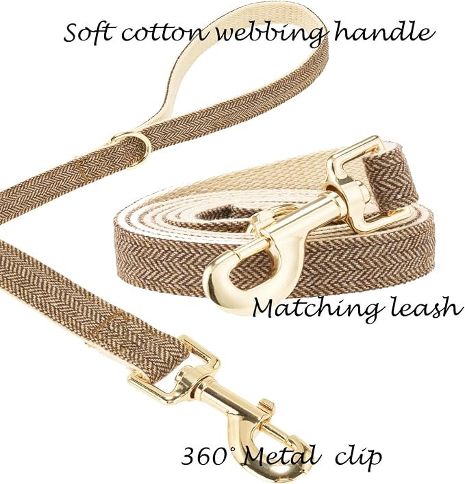 Luxury Soft Cotton Tweed Fabric Dog Collar & Leash Set with Gold Buckle – Durable Fabric, Stylish Design for Everyday Walks(Small Coffee)
