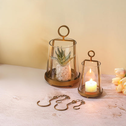 Twakutwaku 6" & 4" Wide Modern Farmhouse Metal Hurricane Candle Holder with Handmade Sturdy Glass Sleeve in Antique Brass for Pillar Candle & Plants, Glass Hurricane Lantern, Industrial, Minimalistic