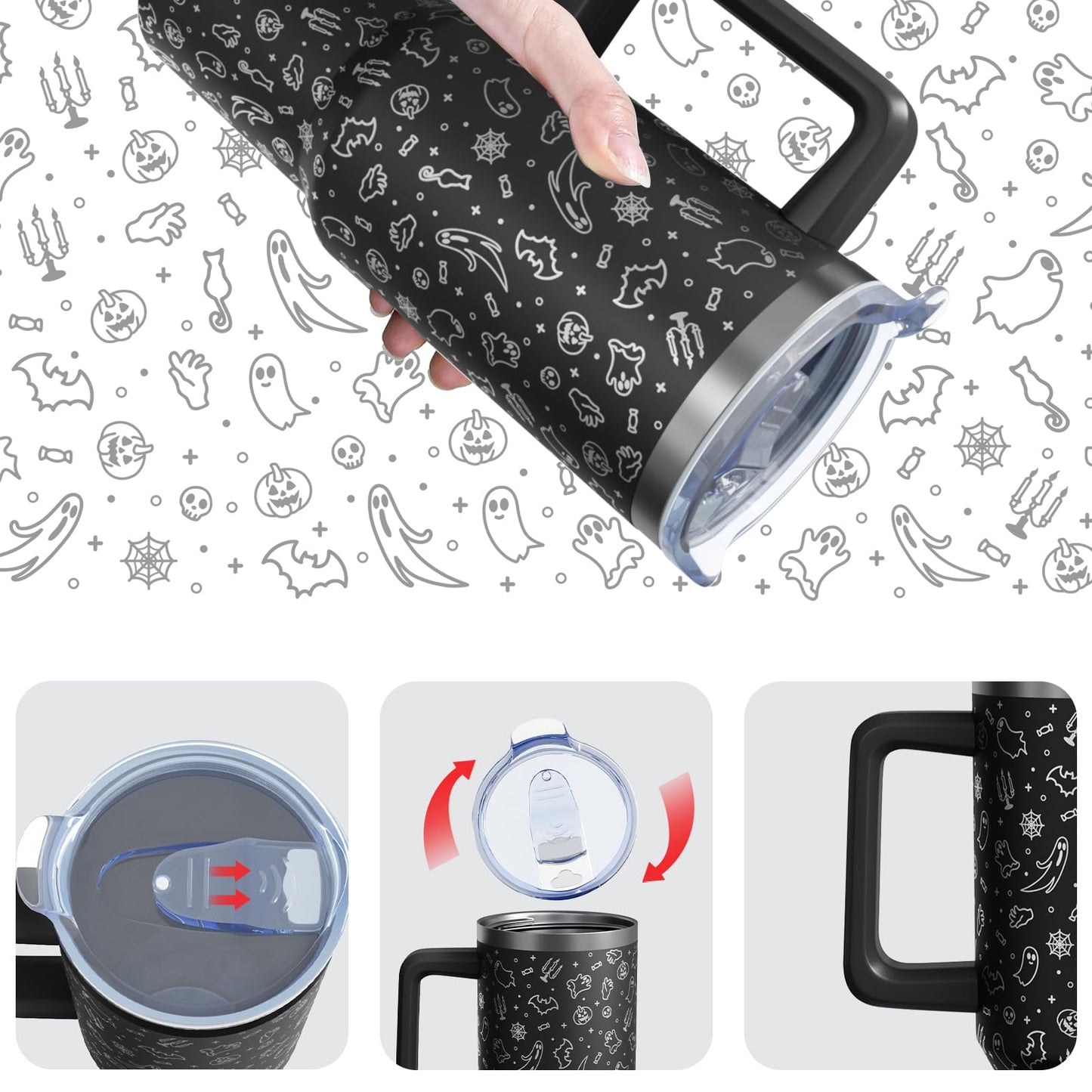 Sabobo Halloween Ghost Cup Gifts for Women Men, Spooky 40oz Tumbler with Handle and Straw, Holiday Black Engraved Stainless Steel Insulated Water Bottle (1 PC)