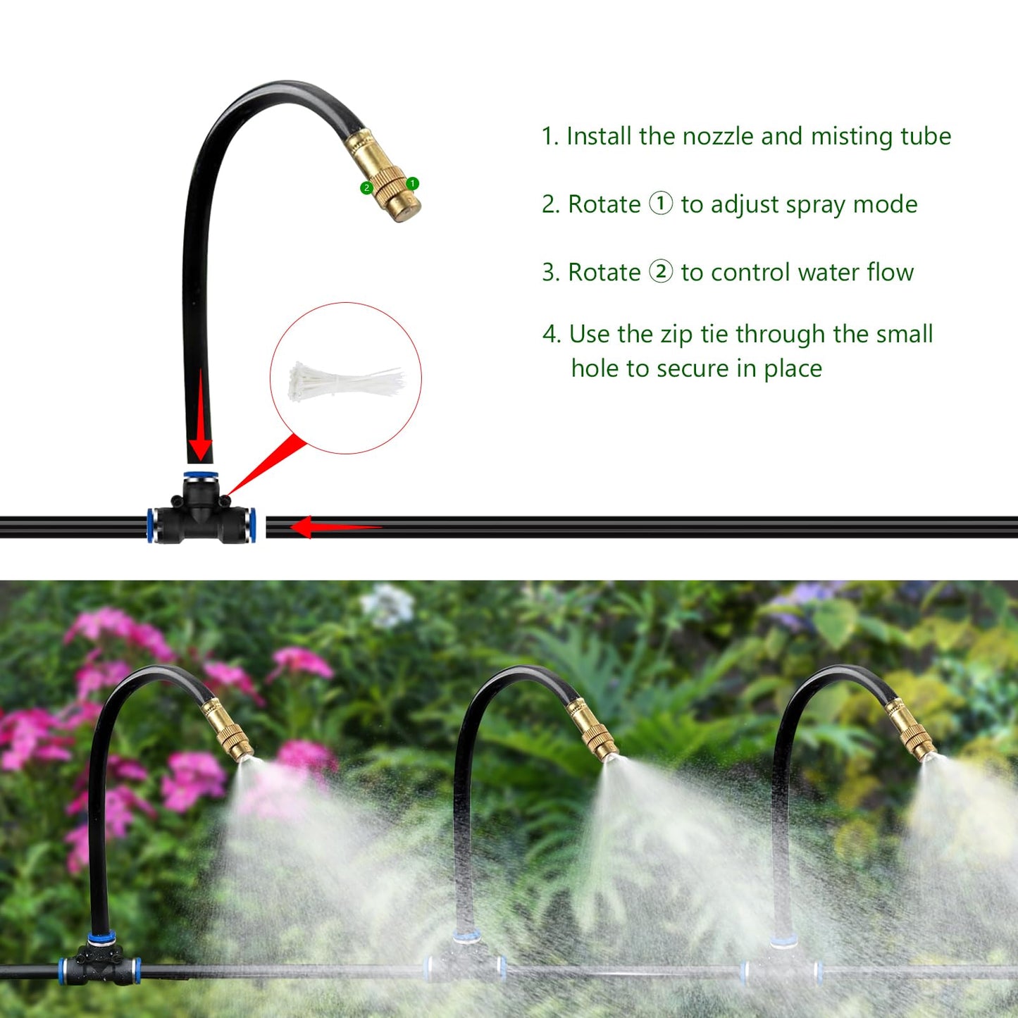 HEKIWAY 80FT Drip Irrigation System for Garden – Automatic Watering Kit with Solid Brass Metal Connectors, 360° Bendable Tubing &22 Adjustable Nozzles for Greenhouse, Lawn, Yard & Plants