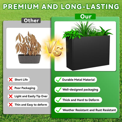 POOAMY Metal Planter, 36L x 12W x 26H, Heavy Duty Tall Planters for Outdoor Plants, Black Planters with Removable Insert Shelf, Large Planters with Drainage Holes for Porch, Patio and Yard, Black