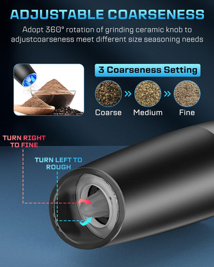 XinXu Rechargeable Pepper and Salt Grinder Set, whit Gravity Sensing Switch and LED Light, One Hand Automatic Operation -Black/2 Pack