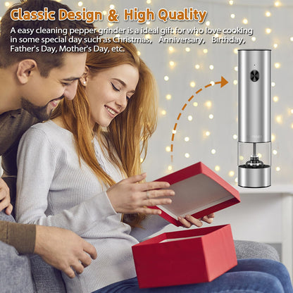 Electric Pepper Grinder & Salt Mill - Battery Operated Stainless Steel Body with Transparent Container LED Light One-Hand Operation Push-Button Switch Adjustable Coarseness Easy Refill & Clean