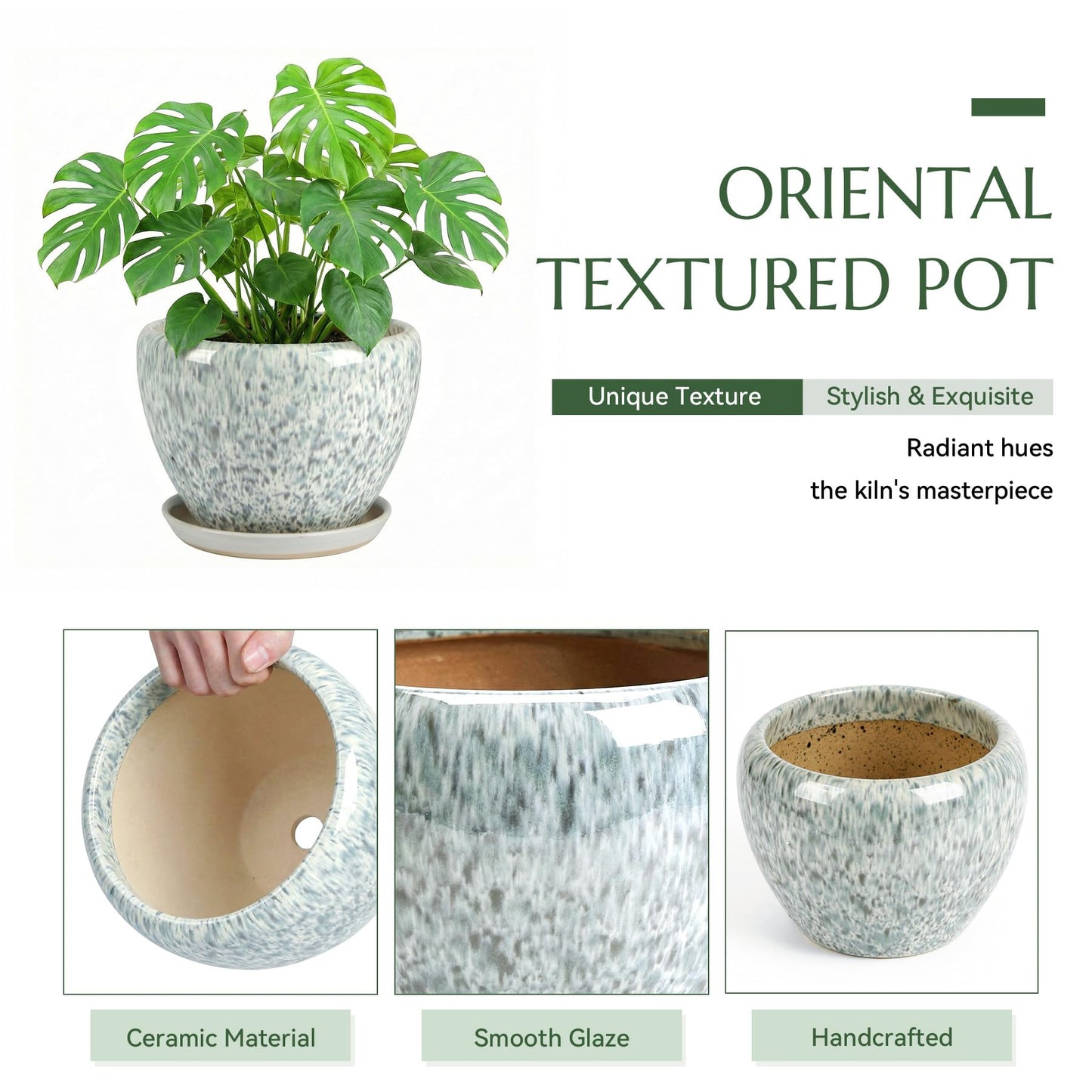 TOSELBAI 10.2 Inch Ceramic Planter with Saucer Leak-Proof Mesh &Drainage, Round Plant Pot with Gardening Gloves for Indoor Outdoor Plants (Blue Crackle Glaze)