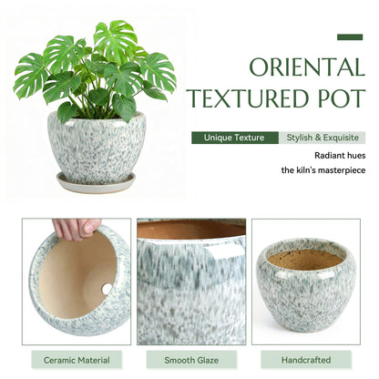 TOSELBAI 10.2 Inch Ceramic Planter with Saucer Leak-Proof Mesh &Drainage, Round Plant Pot with Gardening Gloves for Indoor Outdoor Plants (Blue Crackle Glaze)