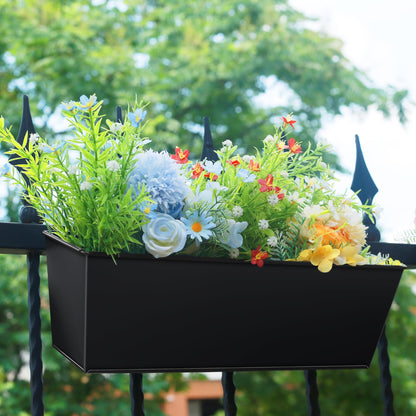 Holensun Railing Planter for Outdoor Plants 16 Inch Metal Rectangular Window Boxes with Adjustable Brackets and Drainage Hanging Flower Pots for Balcony Deck Railings Apartment Patio Decor Black(4PCS)