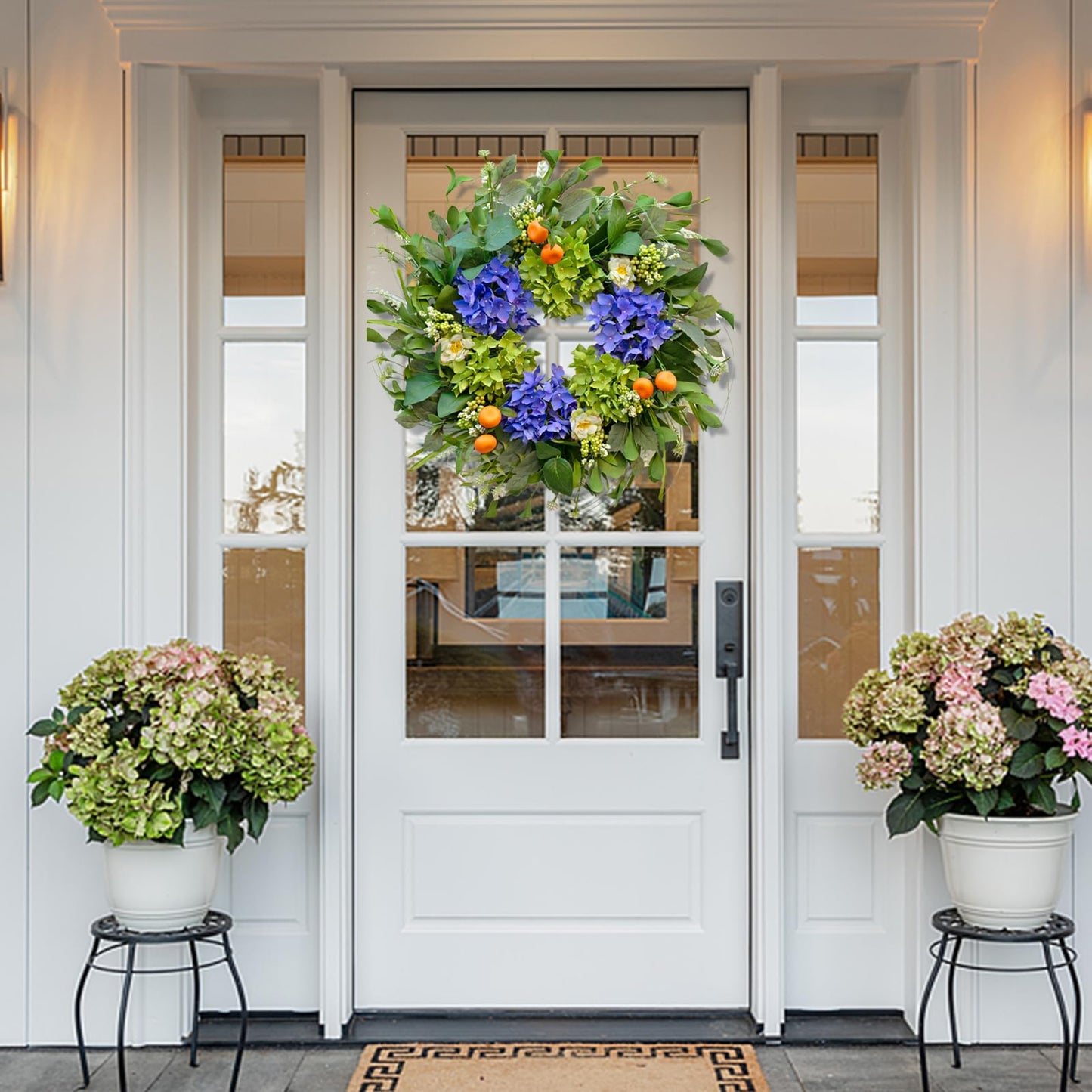 Spring Wreaths for Front Door 24 Inch, Summer Wreath Outdoor，Silk Hydrangea Wreath with White Blossoms & Mini Mandarins, Rustic Farmhouse Indoor & Outdoor Seasonal Wreath, Spring&Summer Home Decor