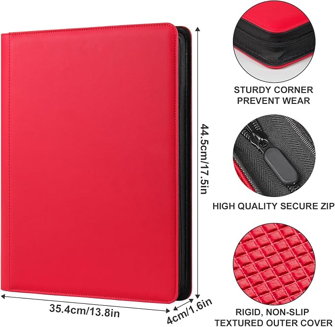 GEAoffice 16 Pocket Trading Card Binder for 1000+ Cards, Ringless Side-Loading 4x4 Card Binder with Zipper Closure, PU Leather 1024 Card Binder for MTG/TCG/Baseball/Sports&Game Cards, Red