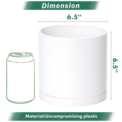 D'vine Dev 2 Pack 6.5 Inch Modern Plastic Plant Pots, Small Garden Planters for Plant with Drainage Holes and Saucers, White Color, 74-Z-L-1