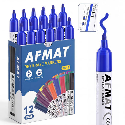 AFMAT Dry Erase Markers, Liquid Bullet Tip Whiteboard Markers with Visible Ink Window, Low Odor & Non-Toxic, 3X Large Capacity, No Residue for White Board, Classroom, Office, Home, Bright Blue,12 Pack
