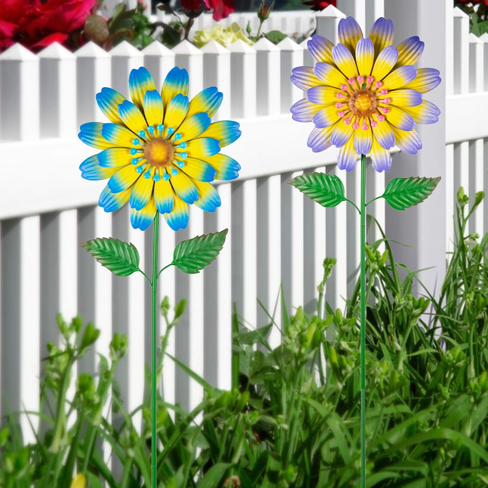Venniy Metal Flower Decorative Garden Stakes,2 Pack Spring Outdoor Decor Large Metal Yard Art for Flower Bed Yard Lawn Decor