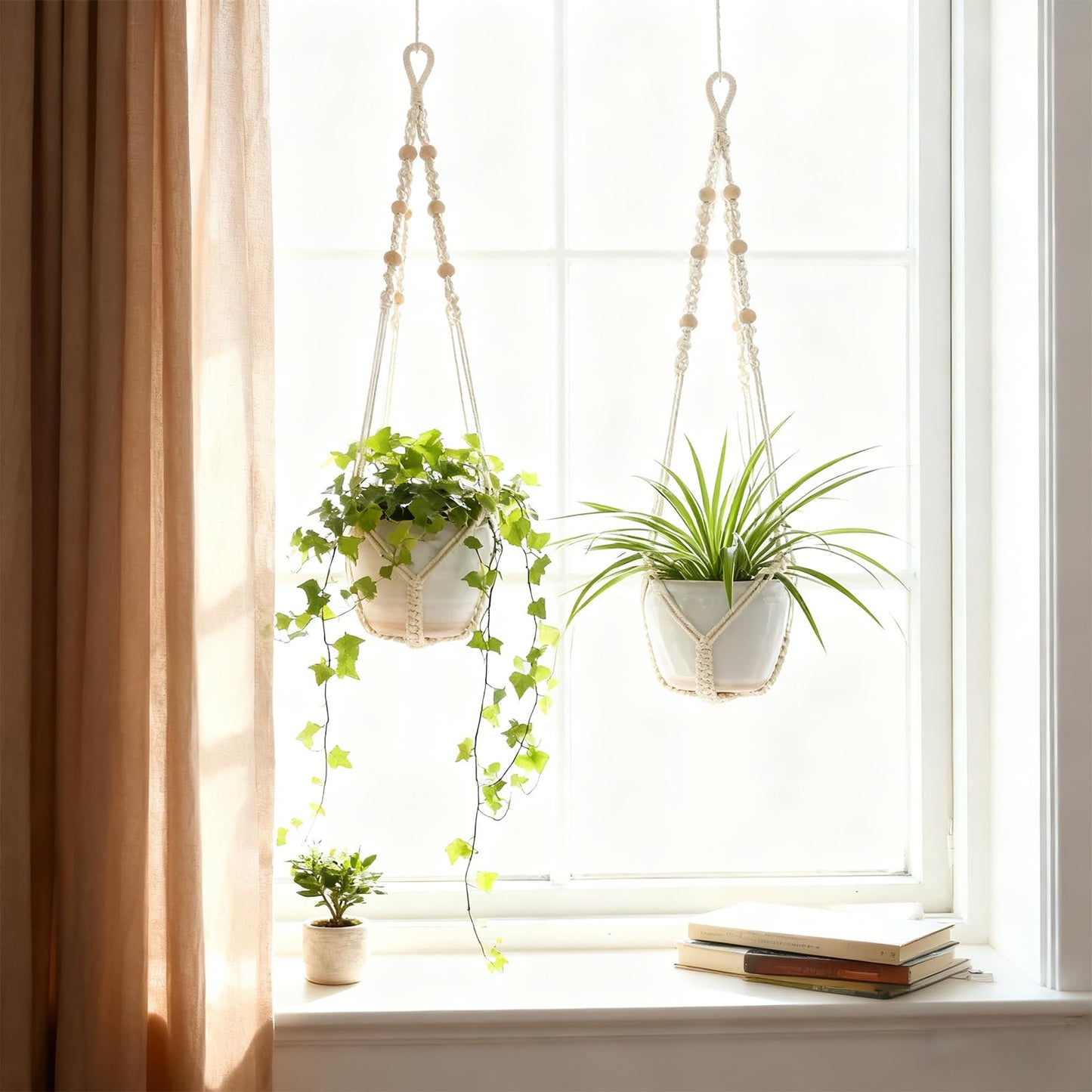 EJGIEGSO Macrame Plant Hanger, Up to 4-15 inch Pots, Wood Beads Cotton Hanging Planter Holder for Indoor Outdoor Boho Home Decor, 35 Inch, Set of 2 (Ivory)