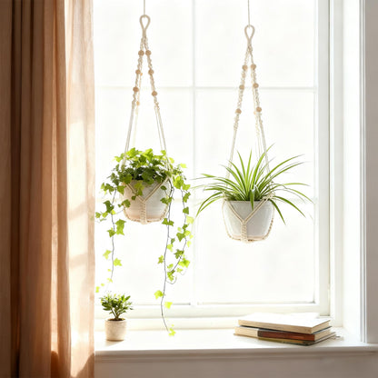 EJGIEGSO Macrame Plant Hanger, Up to 4-15 inch Pots, Wood Beads Cotton Hanging Planter Holder for Indoor Outdoor Boho Home Decor, 35 Inch, Set of 2 (Ivory)