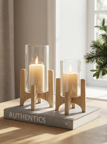 NUPTIO Hurricane Glass Candle Holders: Set of 2 Pillar Candle Holders with Wooden Stands - Mid Century Organic Modern Vases for Dining Table Centerpieces Decor