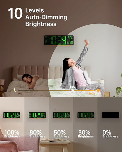 EASYERA 12" Digital Wall Clock for Classroom Livingroom Game Home Decor with LED Display RGB Lights, BIuetooth Sync, Dual Alarms, Auto DST, Countdown, Remote Control, Temperature
