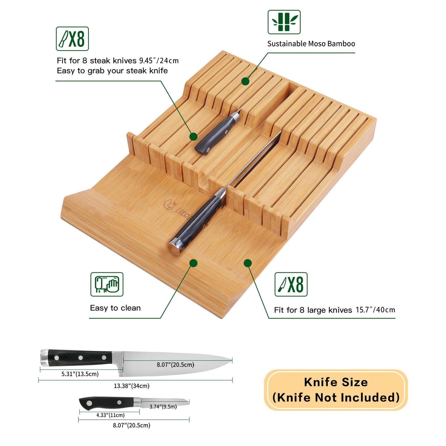 Utoplike In-drawer Knife Block Bamboo Kitchen Knife Drawer Organizer Large, handle Steak knife Holder without Knives, Fit for 16 Knife and 1 Sharpening Steel (Knives & Sharpening Not Included)