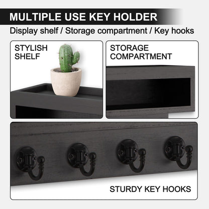 Lucundm Key and Mail Holder Wall Mount, Key Hanger with Long Storage Box and 6 Hooks for Coat, Dog Leash, Home Decor Rack, House Accessories, Entry Way Organizer (Black)