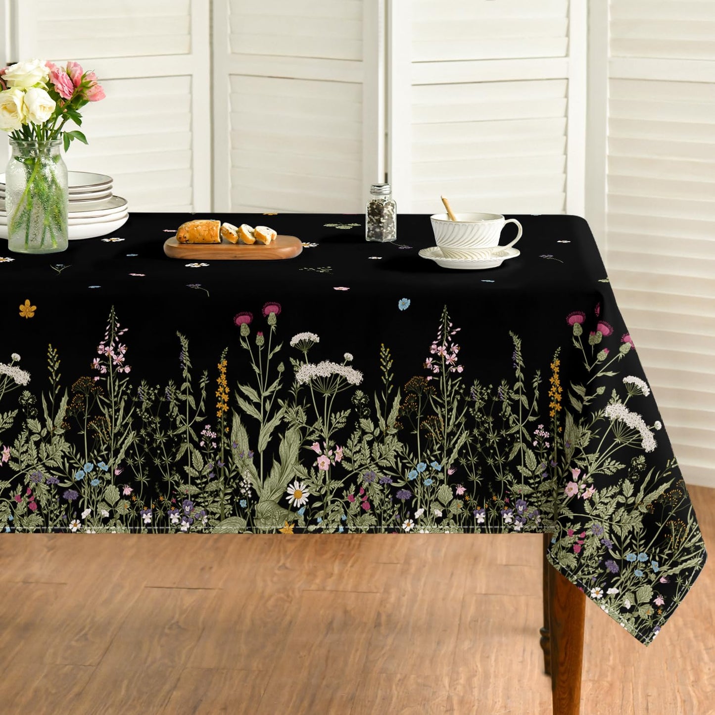 Horaldaily Spring Tablecloth 60×84 Inch Rectangular, Black Wild Flower Daisy Washable Seasonal Table Cover for Party Picnic Dinner Decor