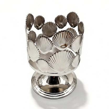 Silver Shell Pattern 3 Wick Candle Holder, Fits 4 Inch Diameter Jar Candles, 4.3" D x 5.9" H Decorative Candle Stand for Home, Living Room, Bedroom, Office & Gifting