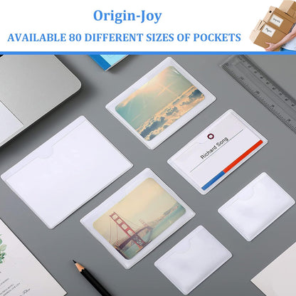 Origin-Joy 60 PCS Self Adhesive Index Card Pockets with Top Open, Clear Plastic Label Holder for Cards of Note, Library and Business, Adhesive Label Pockets & Card Holder (5.5 x 5.5 inch)