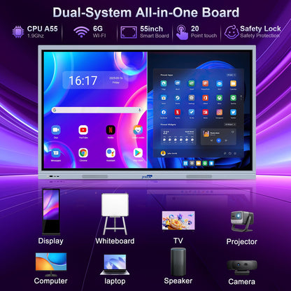 55" Smart Board, 8 + 256 GB Digital Interactive Whiteboard Display Built-in Windows10 & Android 11 Dual System with 4K Touchscreen, Electronic Smartboard for Classroom Office Home (Board Only)