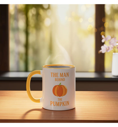 The Man Behind The Pumpkin Dad Halloween Pregnancy Announce Ceramic Mug, Yellow/White