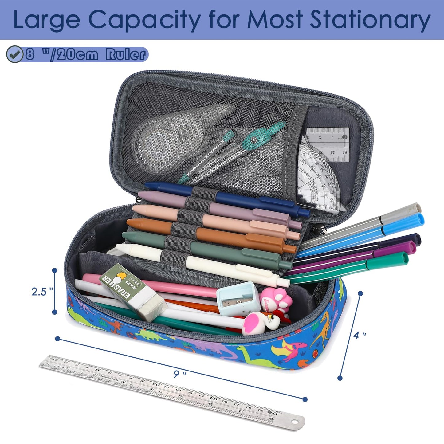FlowFly Large Capacity Pencil Case for Kids, Boys & Girls – Zippered Multi-Functional Pen Pouch, Soft & Portable Pencil Bag for School, Teens, Students, Dinosaur