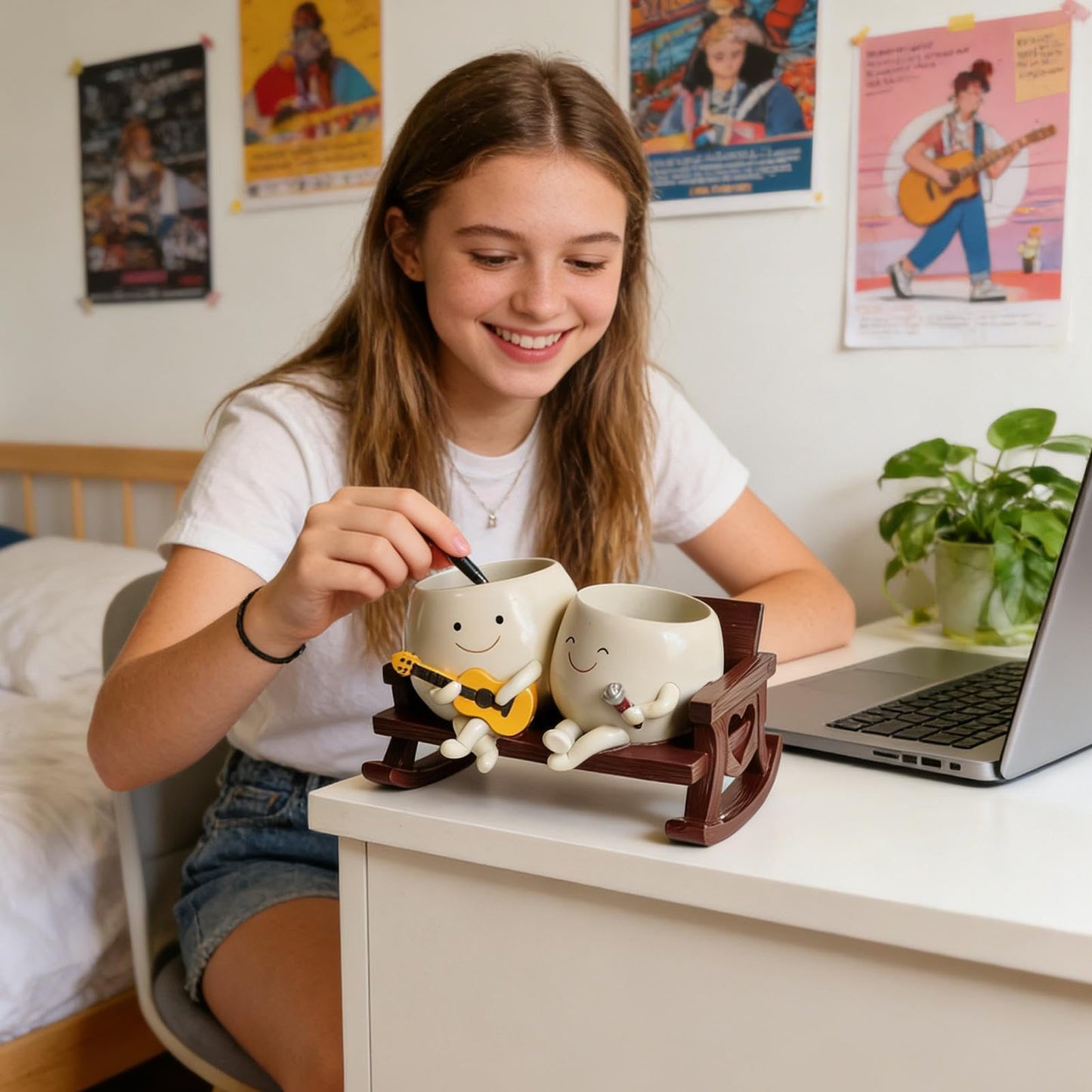 ERRSOU Smiley Face Planter Pot, Cute Funny Heart Rocking Chair Double Head Face Planter Pot with Unique Guitar and Microphone for Indoor Outdoor, Succulent Flower Pots with Drainage Hole ﻿