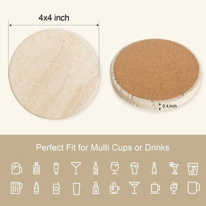 Dhfsleo Natural Travertine Marble Coasters Set of 6, Round 4 inch Stone Drink Coasters, Non-Slip Cork Backing, Festival Gifts, Wedding, Protect Tables from Stains & Scratches.