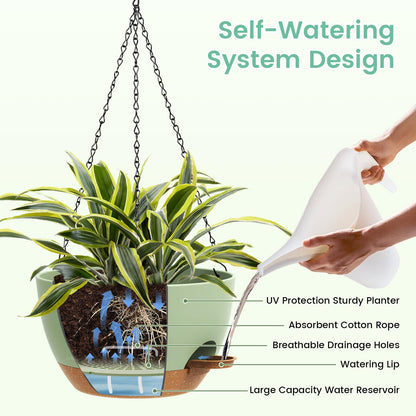 UOUZ Set of 3-10 Inch Self Watering Hanging Planters for Indoor & Outdoor，Hanging Plant Pots with Drainage & Removable Tray, Hanging Pots Holder for Ivy, Ferns, Balcony & Patio, Green and Brown