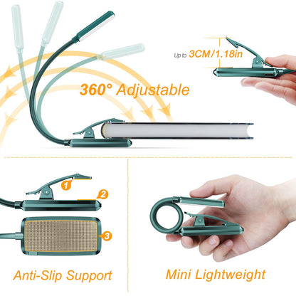 Gritin 9 LED Rechargeable Book Light for Reading in Bed - Eye Caring 3 Color Temperatures,Stepless Dimming Brightness,80 Hrs Runtime Small Lightweight Clip On Book Reading Light for Studying