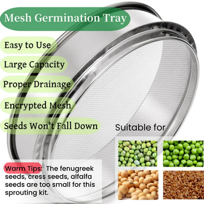 Tlence 9" Stackable Stainless Steel Seed Sprouting Kit, 3-Tier Mesh Germination Tray, Seed Sprout Grower with Lid Base, Microgreens Propagator for Beans Peas Broccoli Wheat Grass, Soil Free