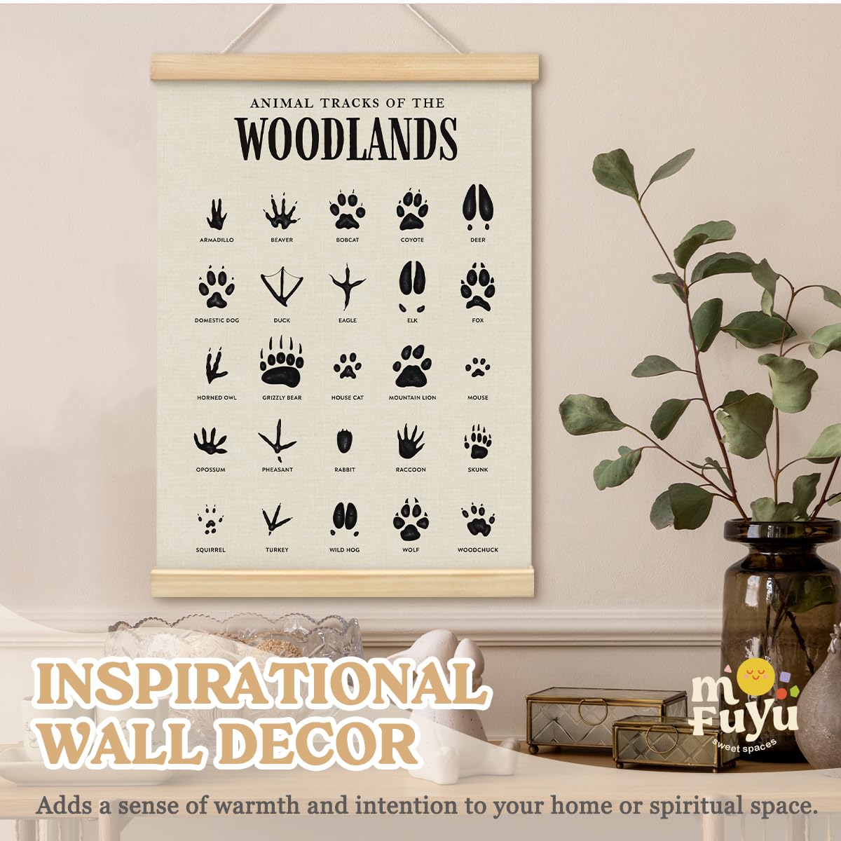 MOFUYU Woodland Tracks Wall Decor Canvas Hanging Banner, Nursery Decor Mountains, Woodland Nursery Poster Hanger Frame for Kids Room,Classroom,Playroom Cabin 12x16 Inch