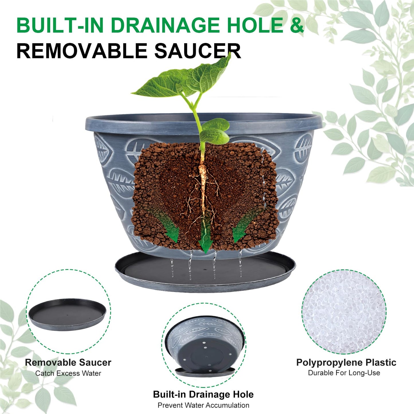 Nooulap Outdoor Flower Pots for Plants Set of 3 Pack 11 Inch Planter Pot, Large Plastic Plant Pots Indoor Plants with Drainage Holes & Trays, Modern Decorative Garden Containers Sets for House(Blue)