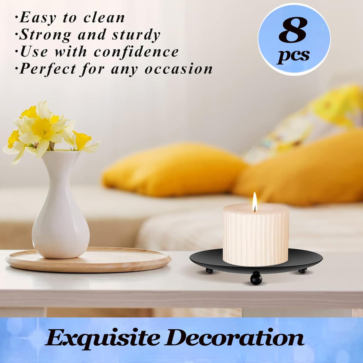 Bgtecho 8PCS Black Candle Holder Iron Plate, 4'' Stand for LED & Wax Candles, Decorative Pillar Plate for Incense Cones, Spa, Weddings, Party