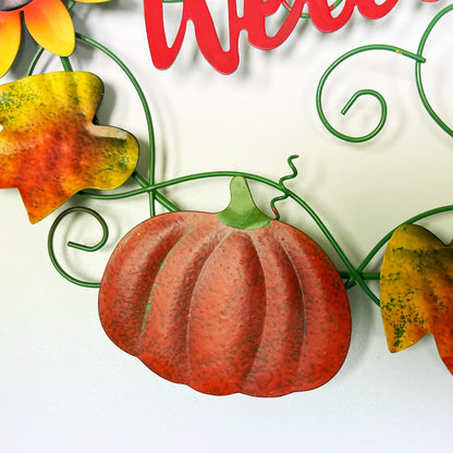 Metal Fall Pumpkin Welcome Wreaths Autumn Harvest Wreath Front Door Porch Outdoors Decorations, Autumn Halloween Thanksgiving Decorative Pumpkins Wall Decor