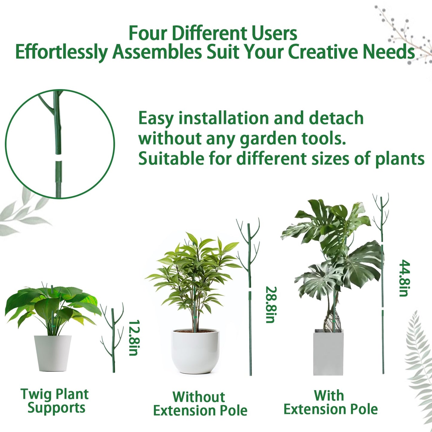 6 Pack Plant Support Plant Stakes for Indoor and Outdoor Plants, 44.8” Plant Sticks with Plant Clips Twist Tiers and Plant Tiers for House Potted Plants, Monstera Plant Support for Climbing Plants
